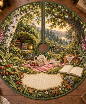 Woodland Tea Picnic Reading Nook Christmas Tree Skirt - Charming Quilted Holiday Accent For Cozy Corners