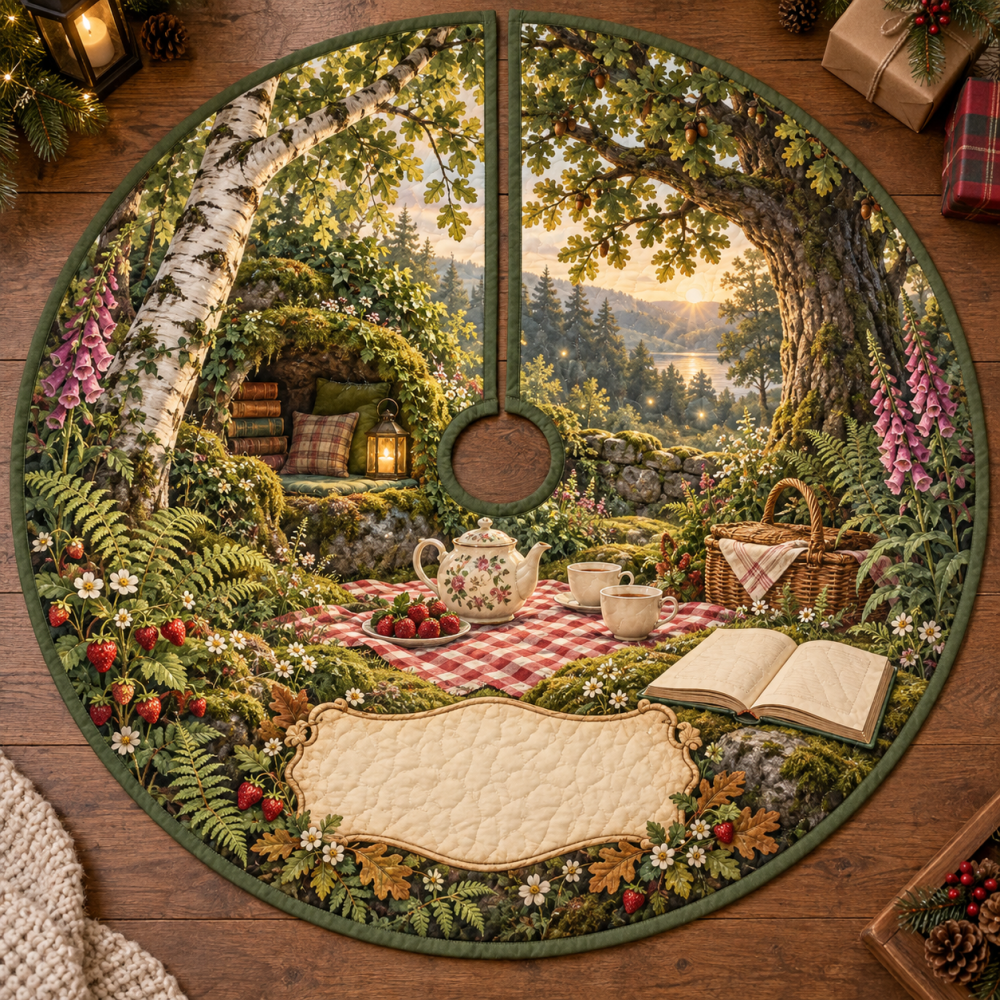 Woodland Tea Picnic Reading Nook Christmas Tree Skirt - Charming Quilted Holiday Accent For Cozy Corners