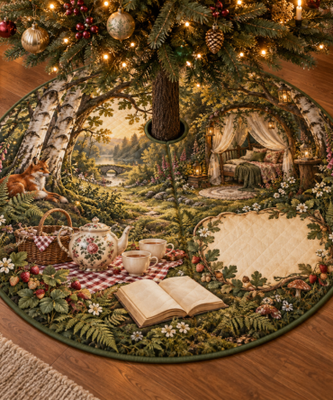 Soft Woodland Tea Picnic Bedroom Tree Skirt - Gentle Holiday Accents For Bedroom Trees, Quilted, Machine Friendly