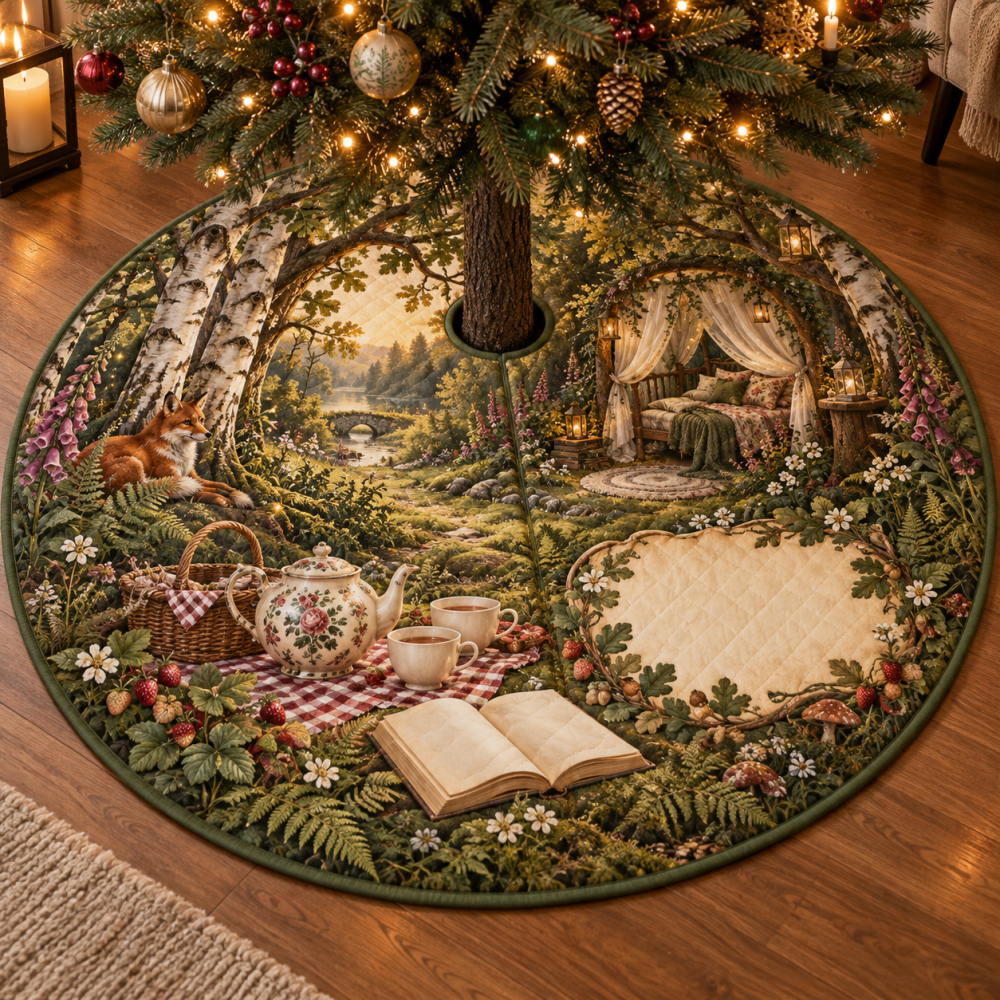 Soft Woodland Tea Picnic Bedroom Tree Skirt - Gentle Holiday Accents For Bedroom Trees, Quilted, Machine Friendly