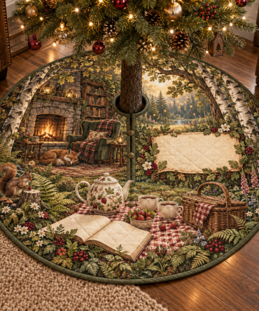 Cozy Woodland Tea Picnic Christmas Tree Skirt For Living Room - Premium Quilted Holiday Décor, Hides Base & Easy Care