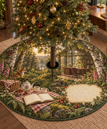 Premium Woodland Tea Picnic Holiday Tree Skirt - Cozy Home Office Christmas Décor, Soft Quilted & Machine-Washable