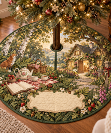 Welcoming Woodland Tea Picnic Christmas Tree Skirt - Housewarming Holiday Tree Collar Gift With Rustic Charm For New Home Celebrations