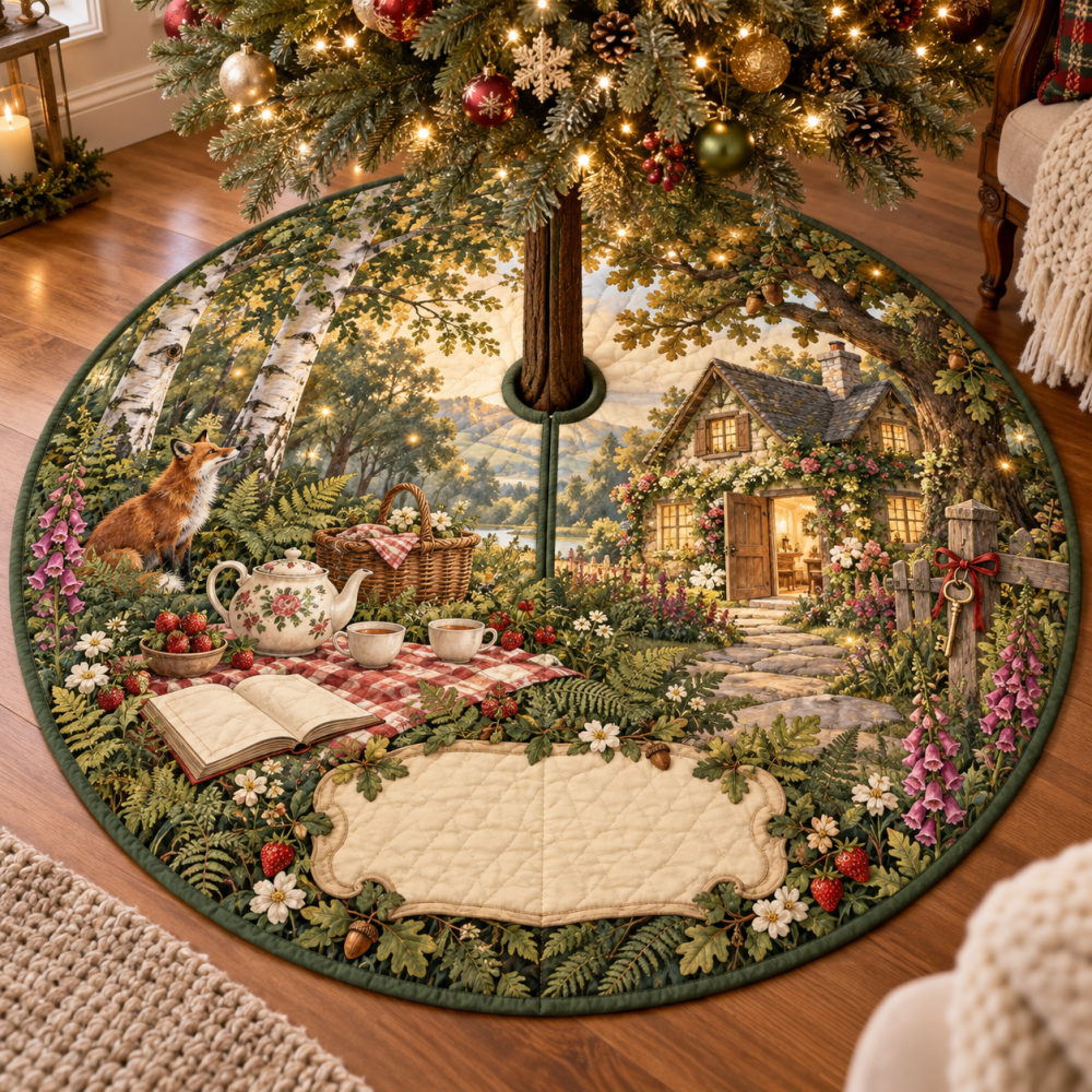 Welcoming Woodland Tea Picnic Christmas Tree Skirt - Housewarming Holiday Tree Collar Gift With Rustic Charm For New Home Celebrations