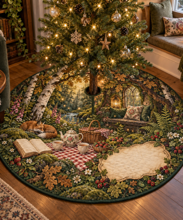 Tranquil Woodland Tea Picnic Christmas Tree Skirt - Quiet Corner Holiday Tree Collar With Soft Botanical Motif For Calm Spaces