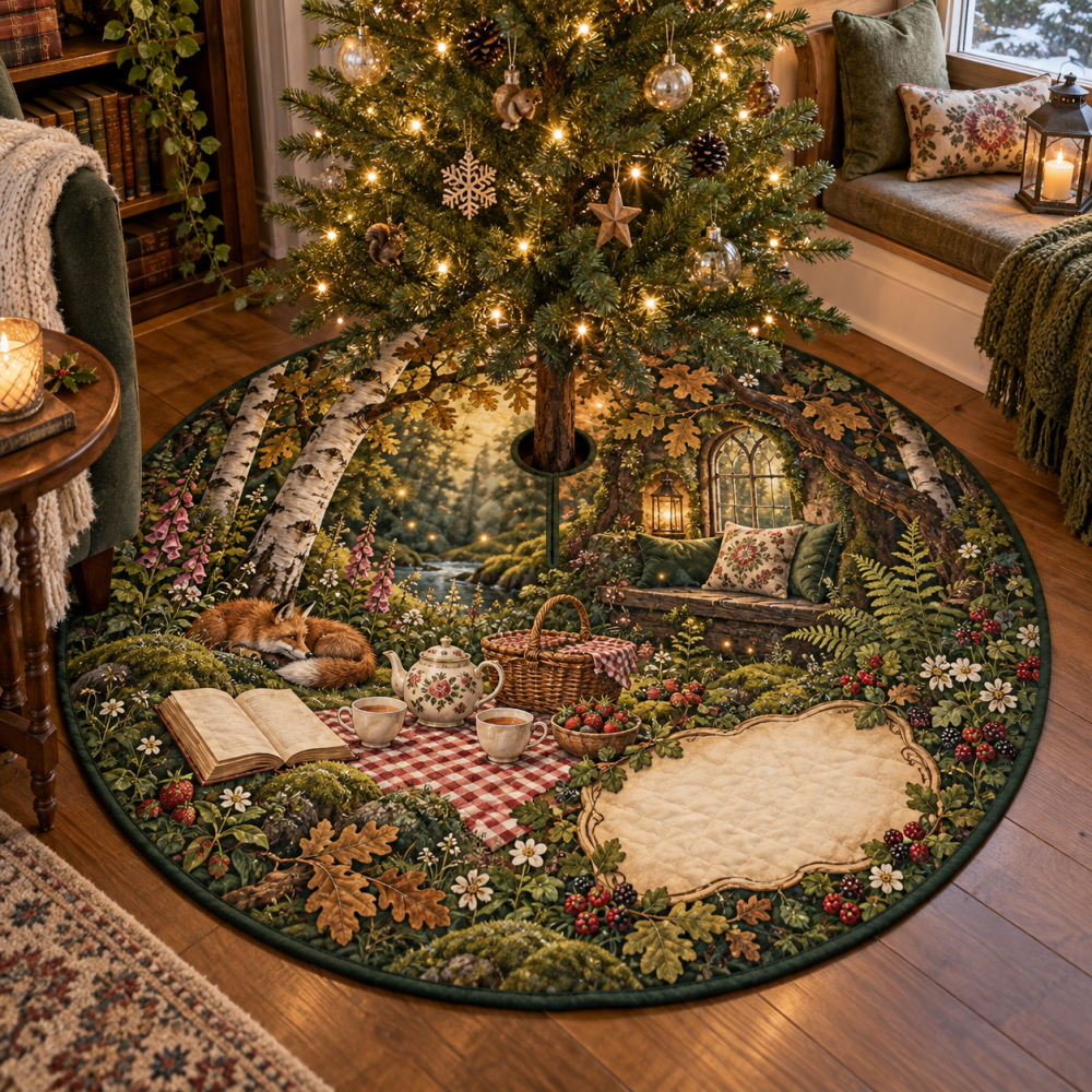 Tranquil Woodland Tea Picnic Christmas Tree Skirt - Quiet Corner Holiday Tree Collar With Soft Botanical Motif For Calm Spaces