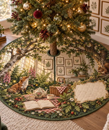 Compact Woodland Tea Picnic Christmas Tree Skirt - Apartment-Ready Holiday Tree Collar For Gallery Walls & Small-Space Seasonal Decor