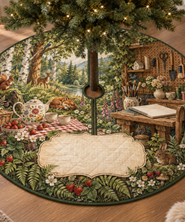 Woodland Tea Picnic Christmas Tree Skirt - Artistic Hobby Studio Holiday Collar With Nature-Inspired Floral Accents For Crafters