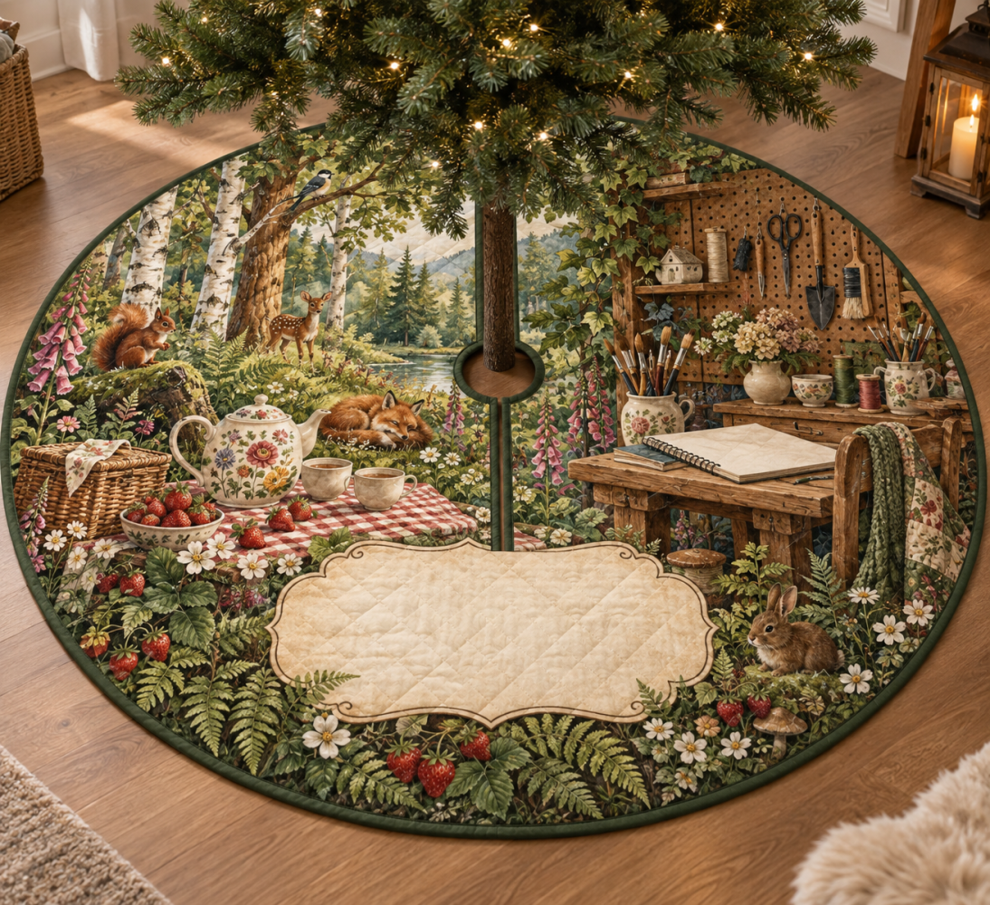 Woodland Tea Picnic Christmas Tree Skirt - Artistic Hobby Studio Holiday Collar With Nature-Inspired Floral Accents For Crafters
