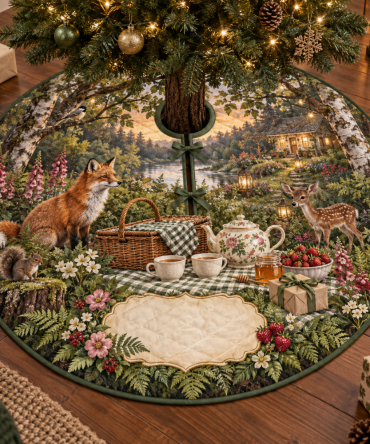 Woodland Tea Picnic Thank-You Christmas Tree Skirt - Charming Host Gift & Holiday Tree Collar With Rustic Botanical Design