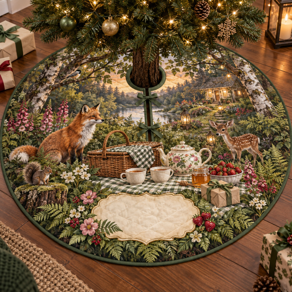 Woodland Tea Picnic Thank-You Christmas Tree Skirt - Charming Host Gift & Holiday Tree Collar With Rustic Botanical Design