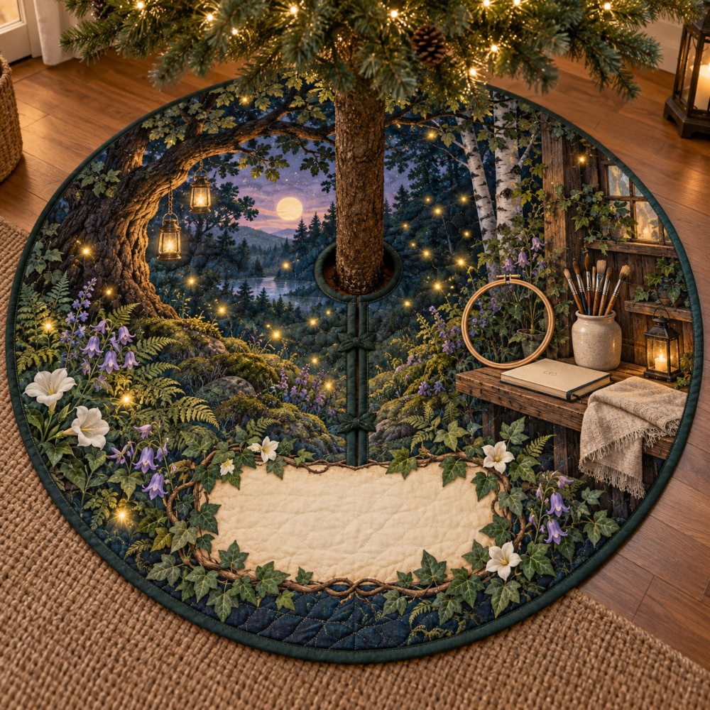Enchanting Firefly-Clearing Christmas Tree Skirt - Soft Holiday Tree Collar For Hobby Studios & Cozy Craft Spaces