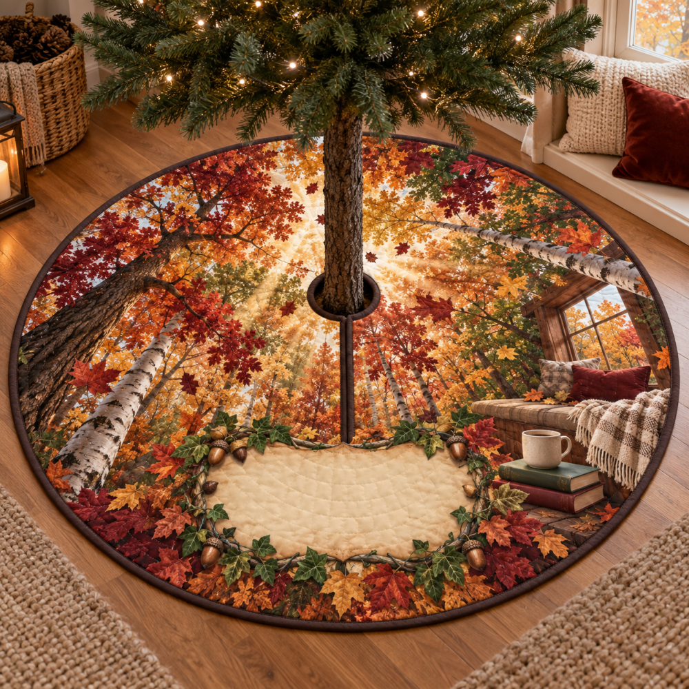 Autumn Canopy Reading Nook Tree Skirt - Small 36In Cozy Leaf Mat, Soft Felt, Quiet Holiday Accent, Fits Bookshelf Corners