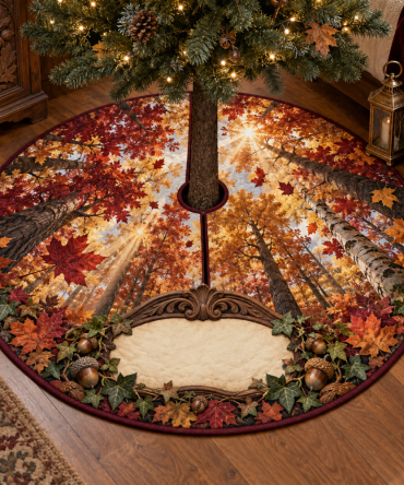 Autumn Canopy Statement Tree Skirt For Bedroom - Cozy Fall Bedside Accent, 48In Soft Felt, Warm Leaf Prints, Machine Wash