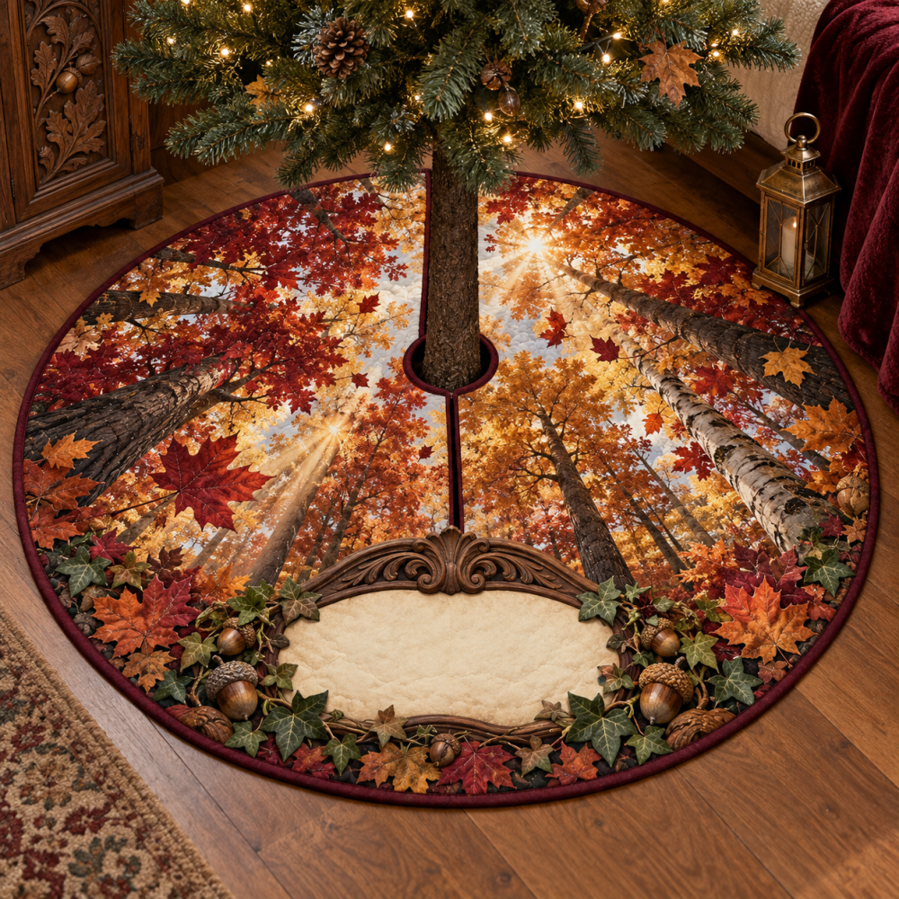 Autumn Canopy Statement Tree Skirt For Bedroom - Cozy Fall Bedside Accent, 48In Soft Felt, Warm Leaf Prints, Machine Wash
