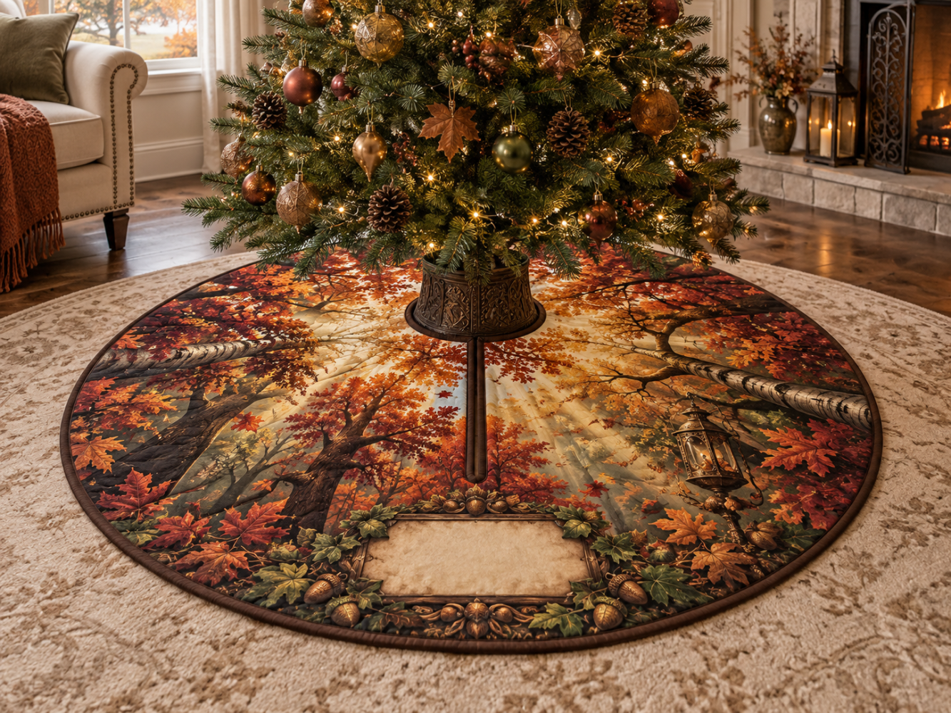 Autumn Canopy Living Room Tree Skirt - Statement Fall Foliage Centerpiece, 60In Plush Felt, High-Contrast Print, Easy Setup