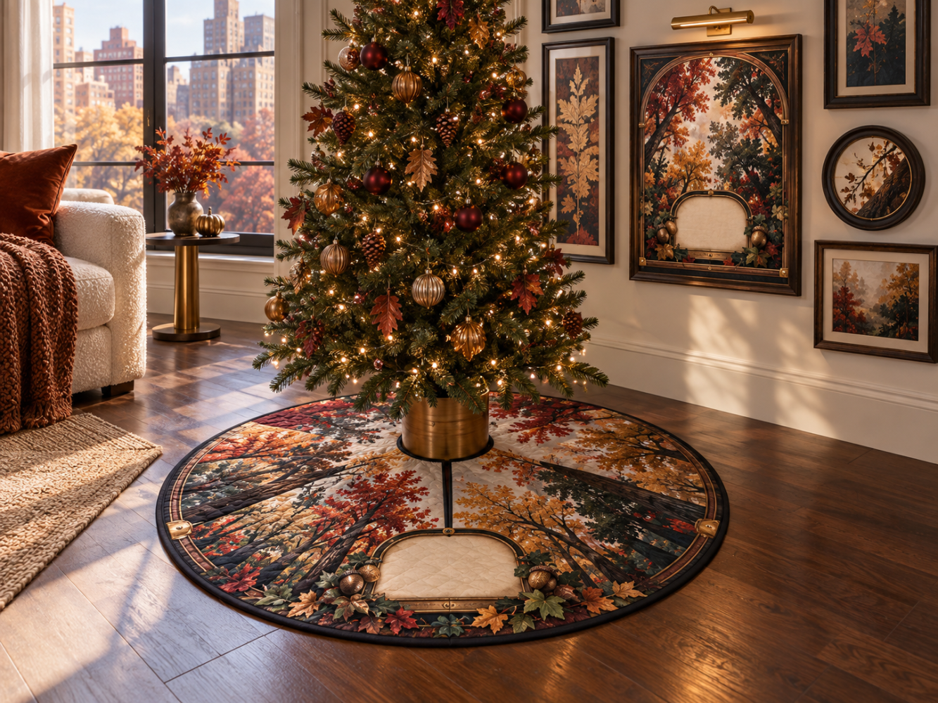 Autumn Canopy Apartment Tree Skirt - Compact 36In Fall Foliage Mat For Urban Living, Low-Profile, Stain-Resistant Holiday Decor