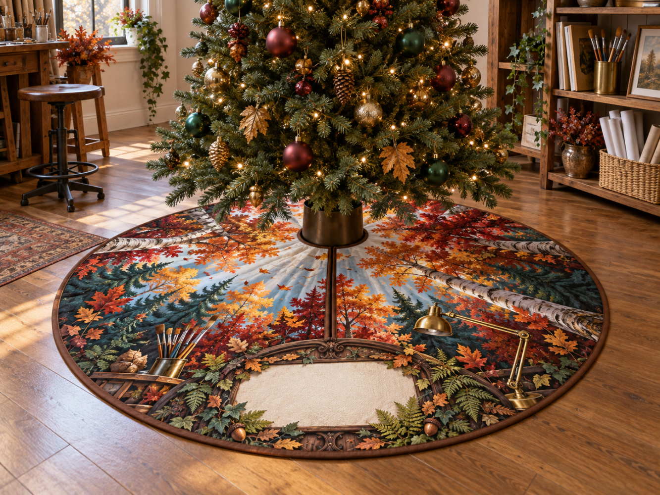 Autumn Canopy Tree Skirt For Hobby Studio - Artisan Fall Leaf Design, 42In Durable Felt, Craft Room Holiday Accent, Easy Store