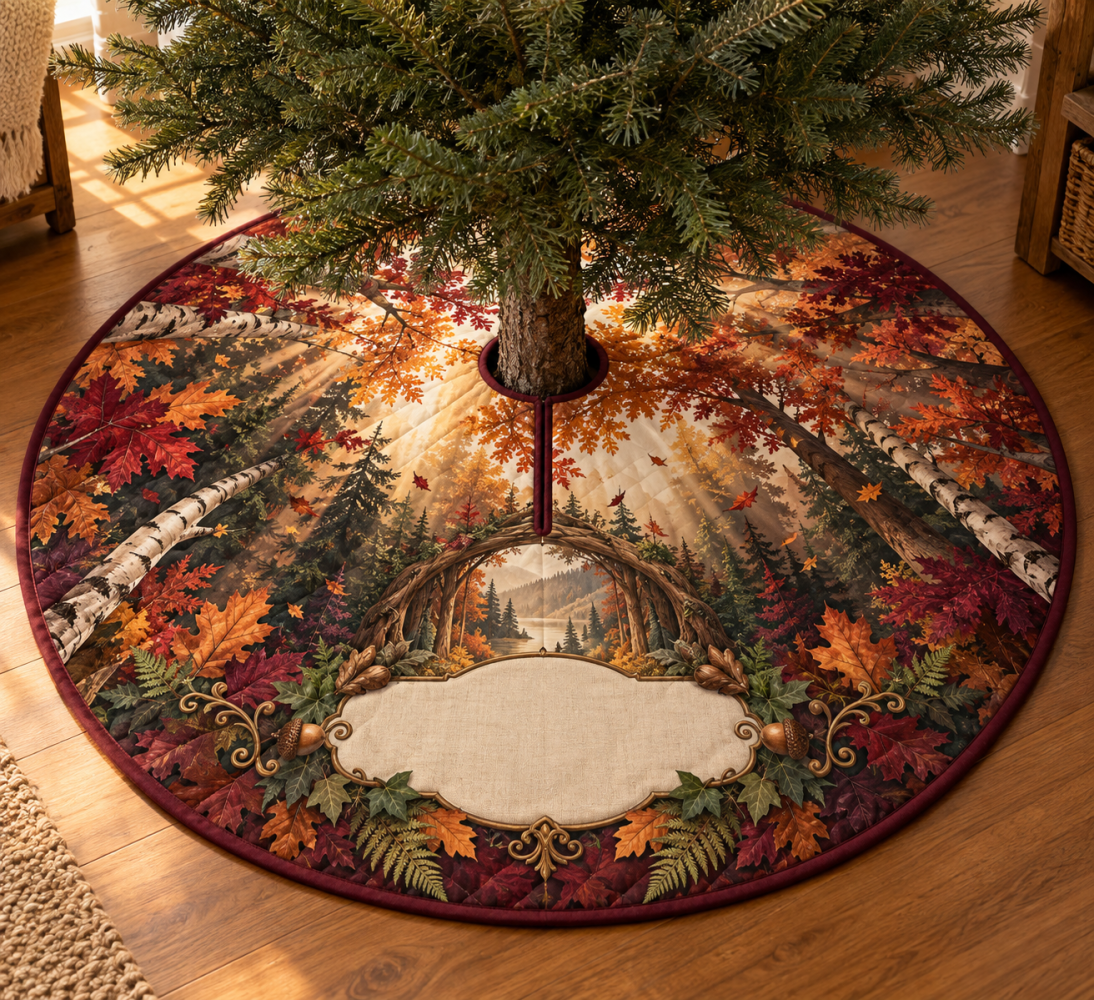 Autumn Canopy Thank-You Tree Skirt For Hosts - Rustic Fall Table-Top Tree Base, 54In Warm Leaf Print, Gift-Ready Packaging