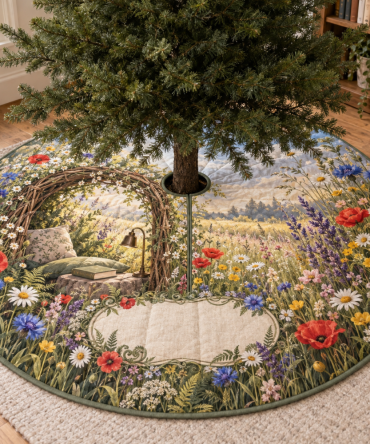 Wildflower Reading Nook Tree Skirt - Cozy Floral Holiday Mat, 36In Round Felt, Lightweight, Fade-Resistant & Quick Clean