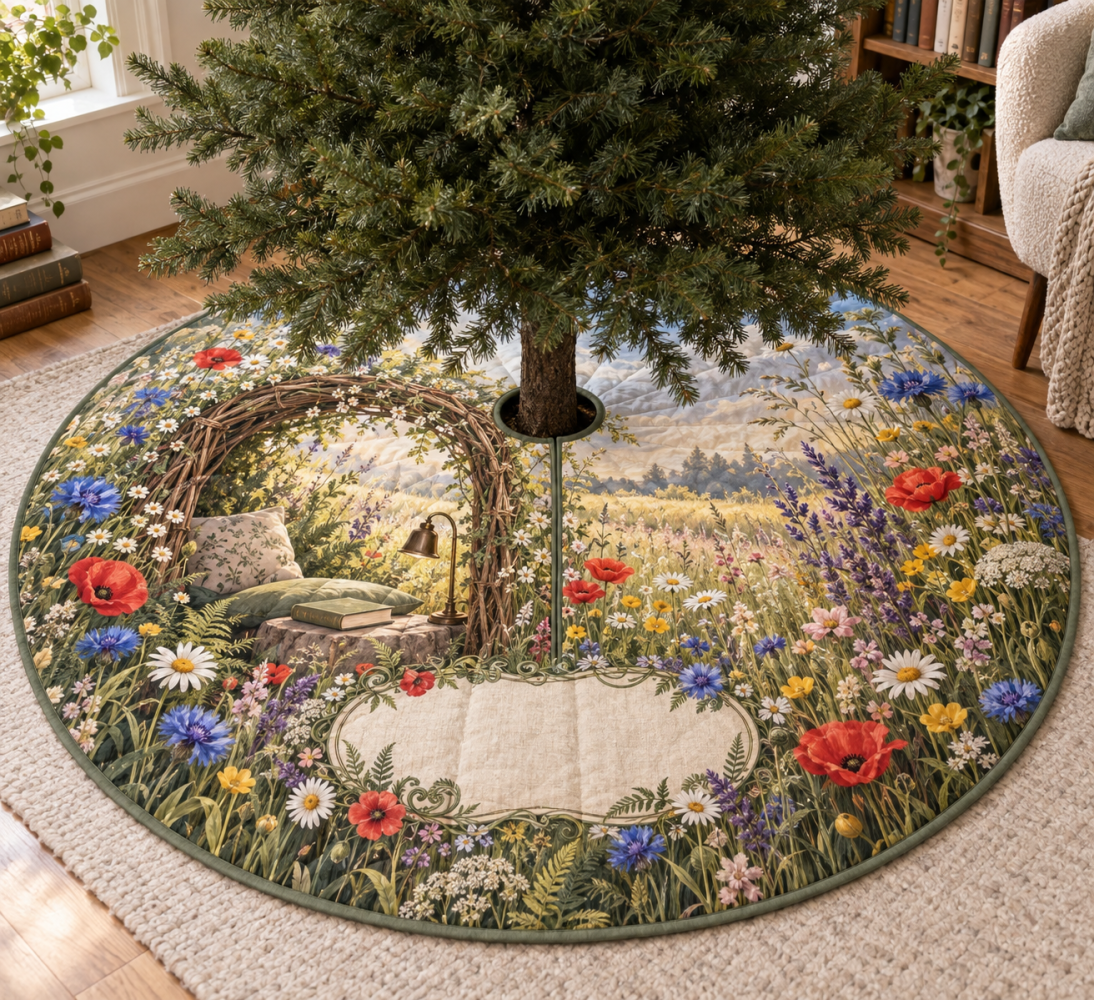 Wildflower Reading Nook Tree Skirt - Cozy Floral Holiday Mat, 36In Round Felt, Lightweight, Fade-Resistant & Quick Clean