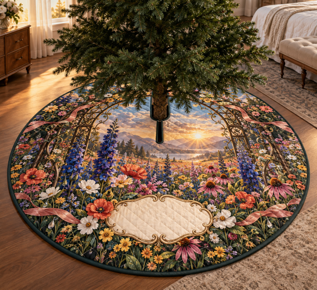 Wildflower Statement Tree Skirt For Bedroom - Boutique Floral Base, 48In Plush Felt, Luxury Holiday Accent, Easy Care
