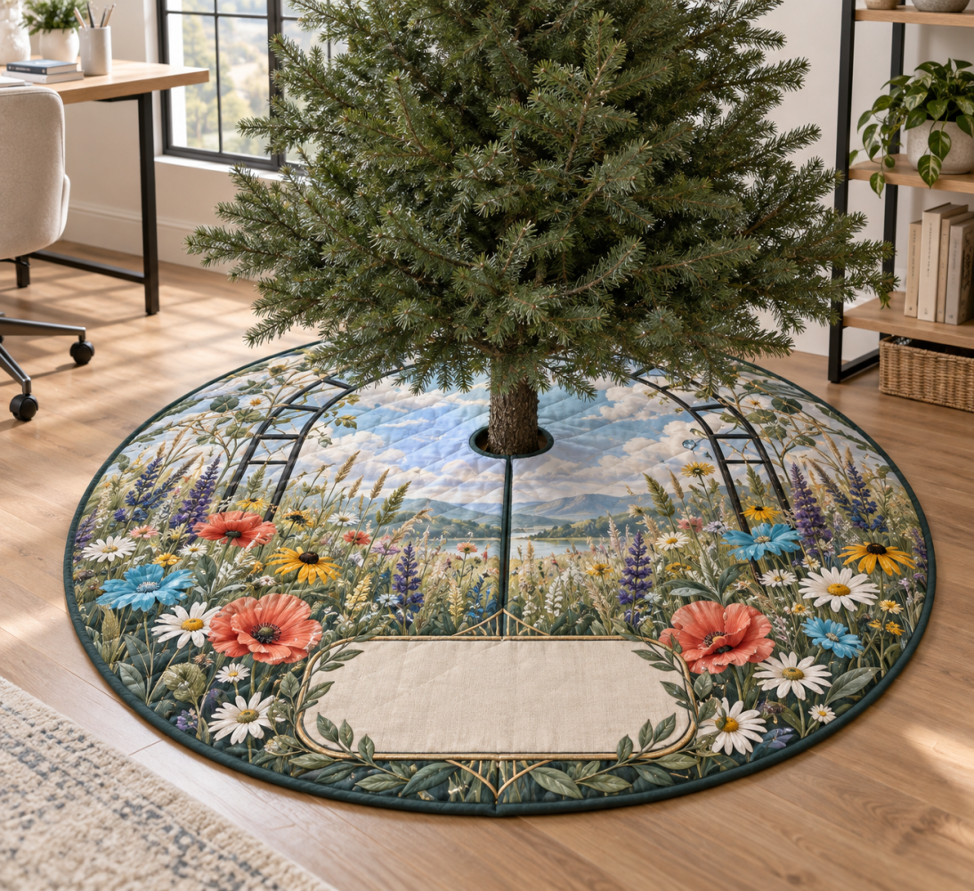 Wildflower Floral Tree Skirt For Home Office - Premium Holiday Desk-Area Decor, 48In Soft Felt, Reversible & Machine Washable