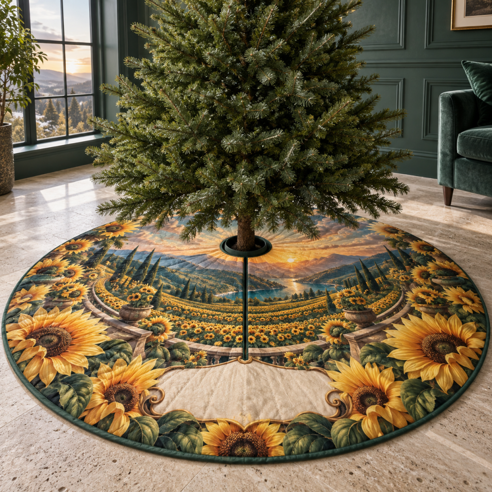 Sunflower Terrace Christmas Tree Skirt — Elegant Floral Base Cover For Patios, Sunrooms & Family Rooms, Seasonal Photo Ready