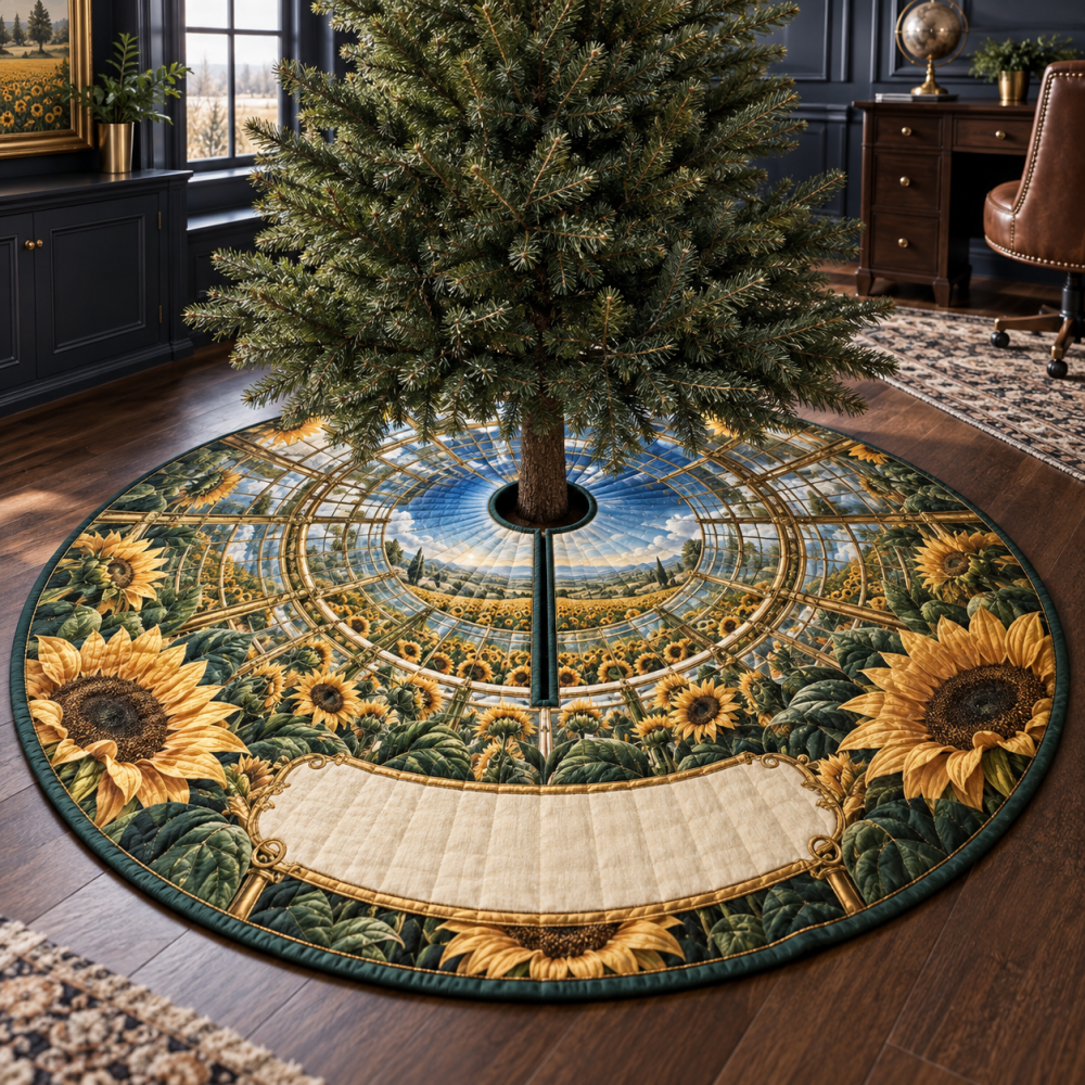Sunflower Observatory Christmas Tree Skirt — Statement Floral Base Cover For Modern & Boho Holiday Decor, Eye-Catching & Stylish
