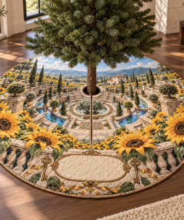 Sunflower Courtyard Holiday Tree Skirt — Outdoor-Inspired Floral Christmas Base, Farmhouse & Porch-Ready Seasonal Accent