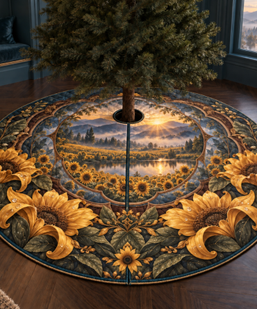 Sunflower Shadowbox Christmas Tree Skirt — Layered Floral Centerpiece, Warm Rustic Holiday Base Cover For Photos & Gifts