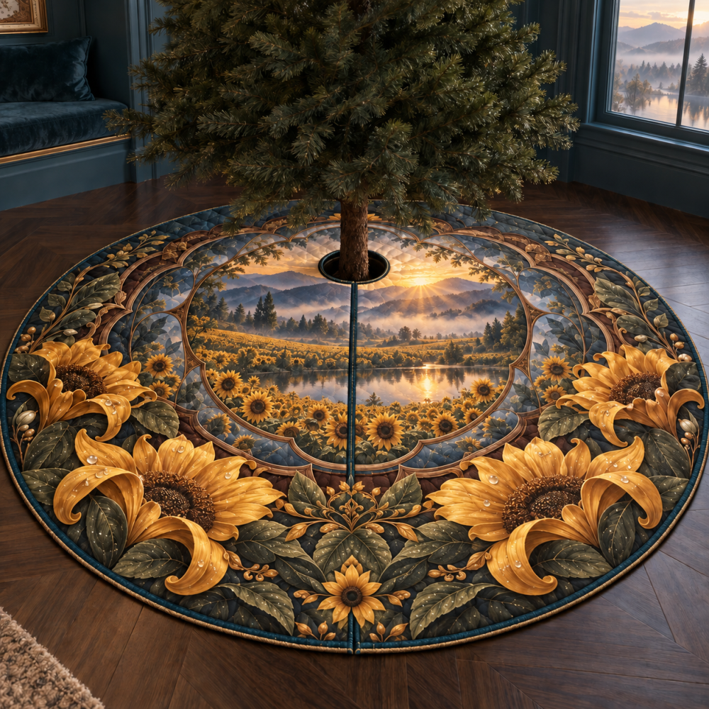 Sunflower Shadowbox Christmas Tree Skirt — Layered Floral Centerpiece, Warm Rustic Holiday Base Cover For Photos & Gifts