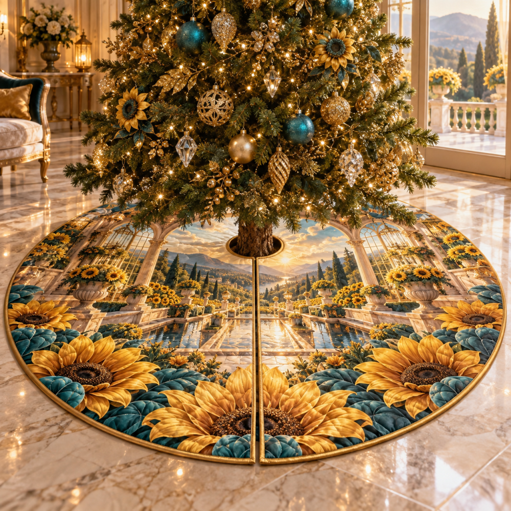 Sunflower Welcome Villa Tree Skirt — Bright Sunflower Christmas Tree Skirt For Villas & Entry Halls, Warm Rustic Charm, Durable Seasonal Accent