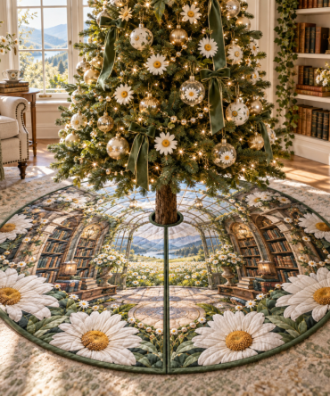 Daisy Glasshouse Library Tree Skirt — Delicate Daisy Pattern Tree Skirt For Conservatories & Libraries, Botanical Elegance, Subtle Holiday Charm