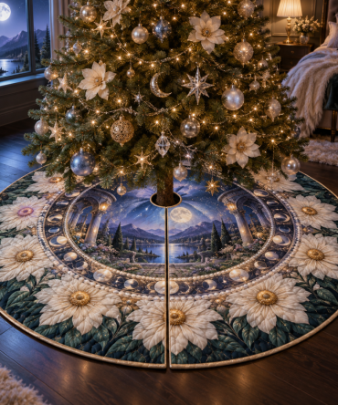 Celestial Daisy Rotunda Tree Skirt — Starry Daisy Christmas Tree Skirt For Rotundas & Large Rooms, Elegant Celestial Motif, Luxury Holiday Accent