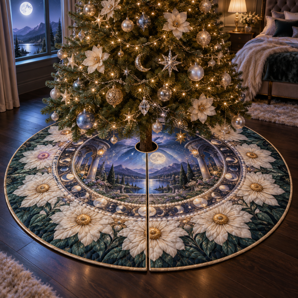 Celestial Daisy Rotunda Tree Skirt — Starry Daisy Christmas Tree Skirt For Rotundas & Large Rooms, Elegant Celestial Motif, Luxury Holiday Accent