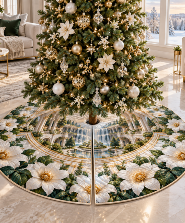 Modern Daisy Cascade Tree Skirt — Cascading Daisy Pattern Christmas Tree Skirt, Sleek Contemporary Holiday Base, Soft Easy-Care Fabric