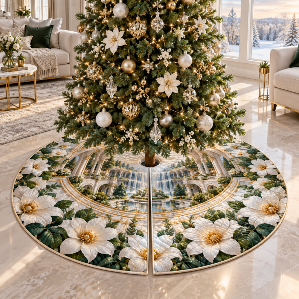 Modern Daisy Cascade Tree Skirt — Cascading Daisy Pattern Christmas Tree Skirt, Sleek Contemporary Holiday Base, Soft Easy-Care Fabric