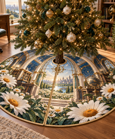 Daisy Blueprint Designer Tree Skirt — Modern Blueprint Floral Tree Skirt For Observatories & Studios, Graphic Daisy Pattern, Contemporary Holiday Accent