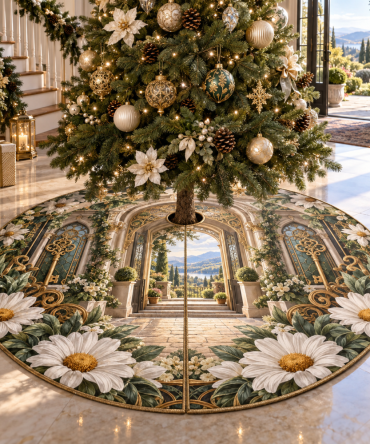Daisy Key Manor Tree Skirt — Classic Manor-Inspired Daisy Christmas Tree Skirt, Timeless Floral Design, Quality Craftsmanship For Home Decor