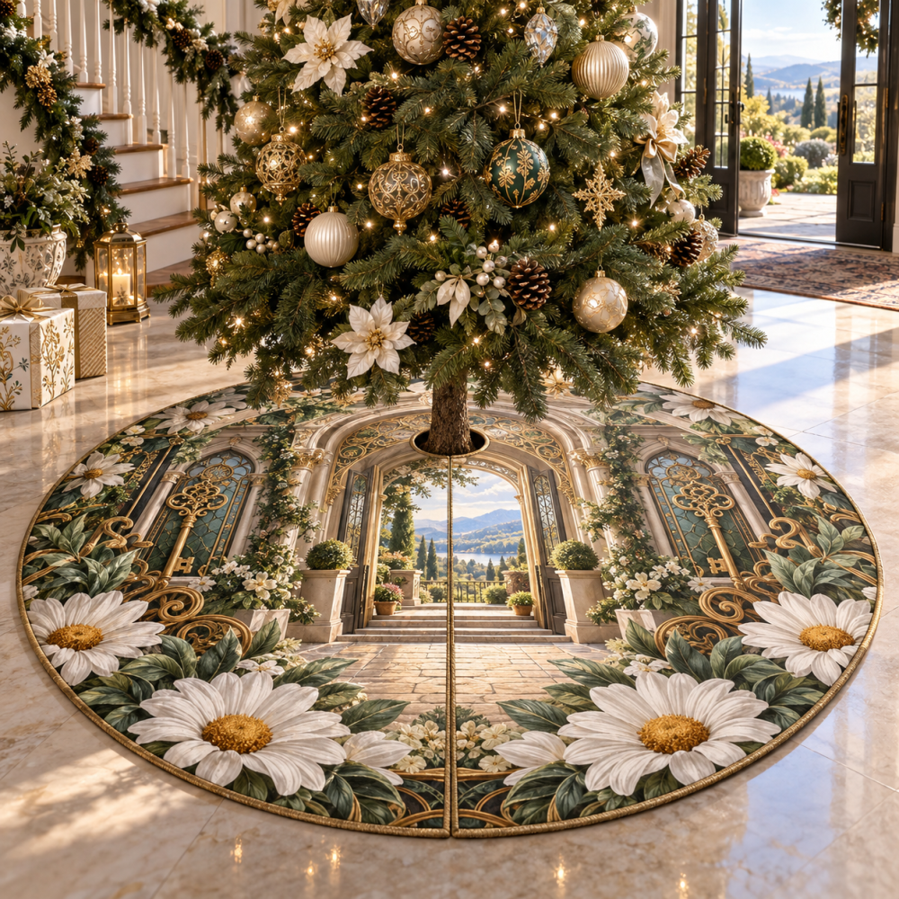 Daisy Key Manor Tree Skirt — Classic Manor-Inspired Daisy Christmas Tree Skirt, Timeless Floral Design, Quality Craftsmanship For Home Decor
