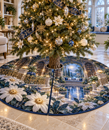 Moonlit Daisy Reading Nook Tree Skirt — Soft Moonlit Floral Tree Skirt For Cozy Corners, Lavender Hints, Warm Holiday Ambiance