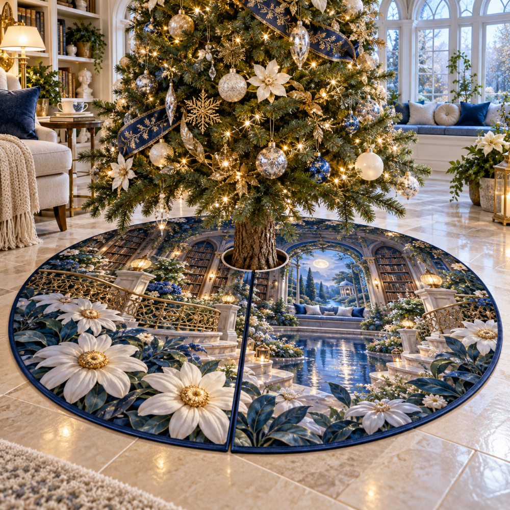 Moonlit Daisy Reading Nook Tree Skirt — Soft Moonlit Floral Tree Skirt For Cozy Corners, Lavender Hints, Warm Holiday Ambiance