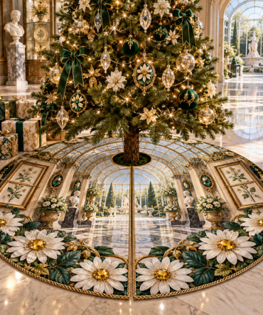 Gilded Daisy Collector Tree Skirt — Luxurious Gold-Accented Daisy Christmas Tree Skirt, Collector-Style Home Holiday Décor, Elegant Statement Piece