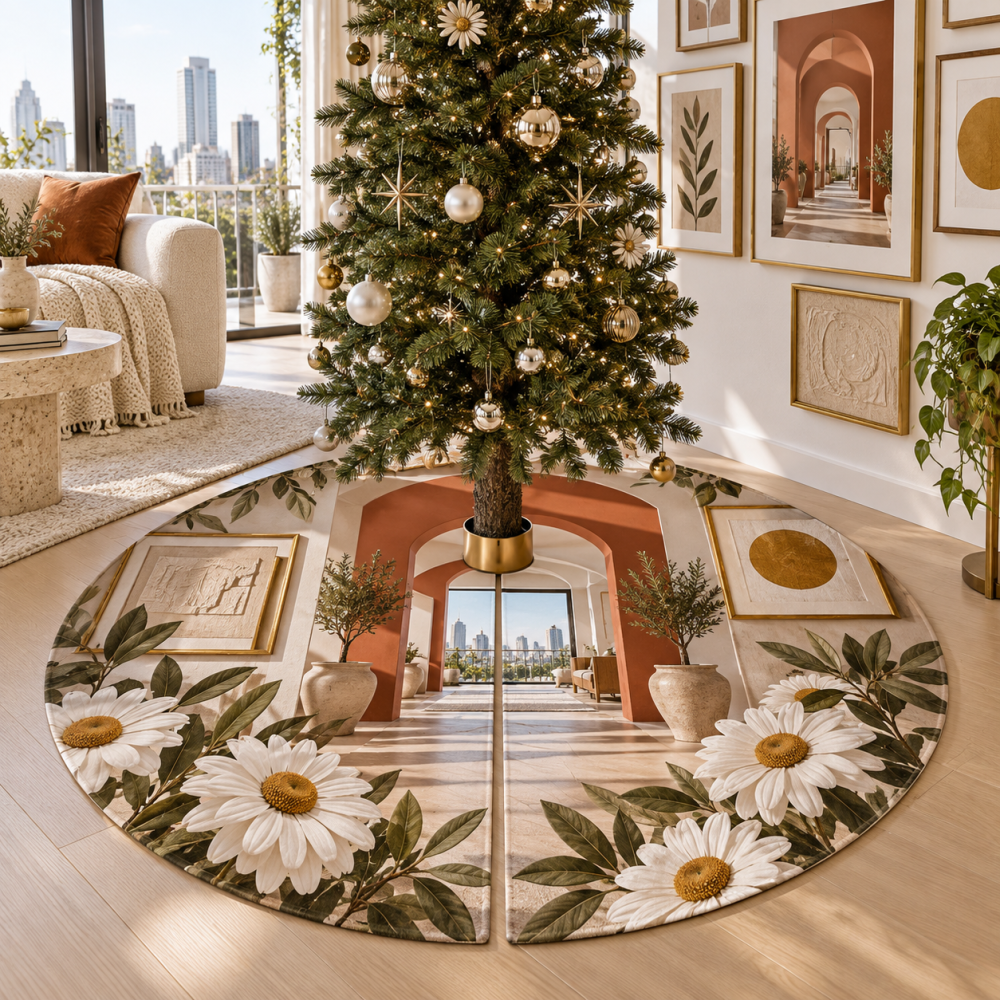 Terracotta Daisy Clay-Tone Tree Skirt — Warm Terracotta Daisy Christmas Tree Skirt, Rustic-Boho Holiday Accent, Soft Durable Fabric