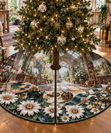 Artisan Daisy Studio Tree Skirt — Handcrafted Look Daisy Christmas Tree Skirt For Creative Spaces, Textured Fabric, Stylish Holiday Base