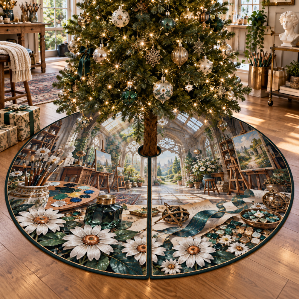 Artisan Daisy Studio Tree Skirt — Handcrafted Look Daisy Christmas Tree Skirt For Creative Spaces, Textured Fabric, Stylish Holiday Base
