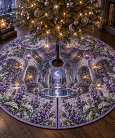 Lavender Moonwell Library Tree Skirt — Refined Velvet Holiday Base With Classic Embroidery, Plush Lining & Protective Backing For Cozy Library Or Study Decor