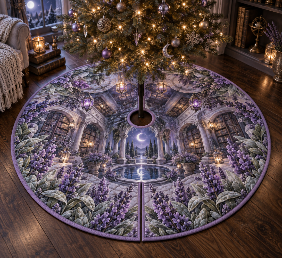 Lavender Moonwell Library Tree Skirt — Refined Velvet Holiday Base With Classic Embroidery, Plush Lining & Protective Backing For Cozy Library Or Study Decor