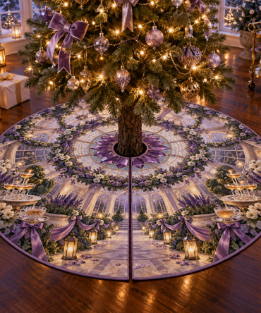 Lavender Welcome Conservatory Tree Skirt — Soft Lavender Velvet Holiday Base With Elegant Embroidery, Anti-Slip Backing & Machine-Washable Convenience